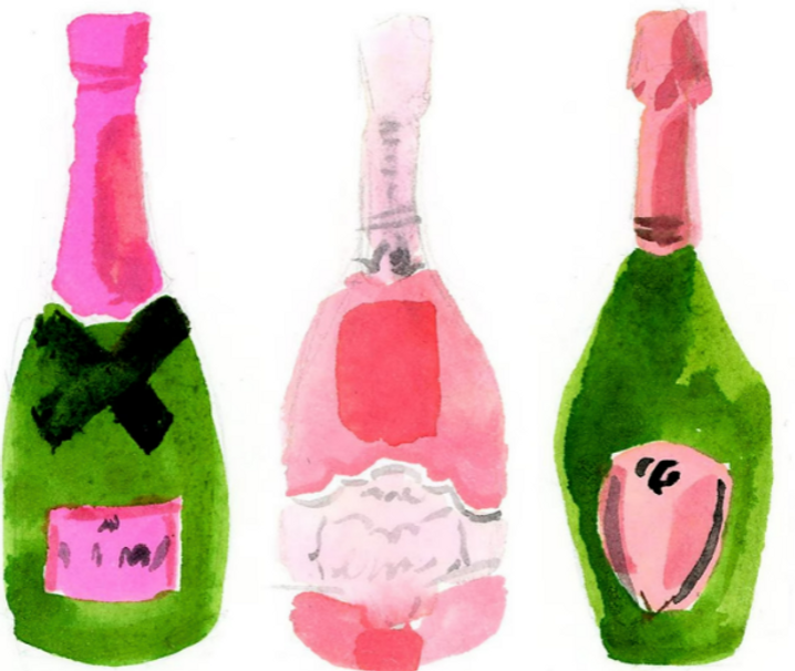 Watercolor of champagne bottles.